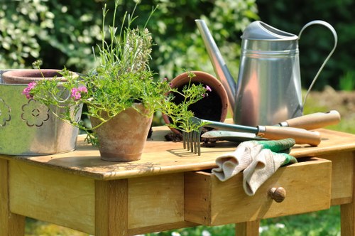 Gardener tending to seasonal plants in a Peckham garden during springtime.